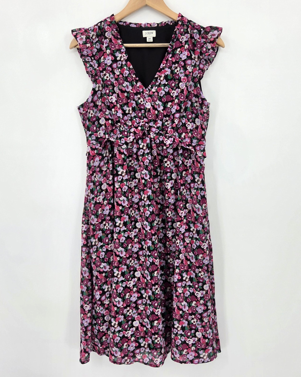 J Crew Floral Ruffle Sleeve Midi Dress Pink Purple Romantic Cottagecore Size 8P